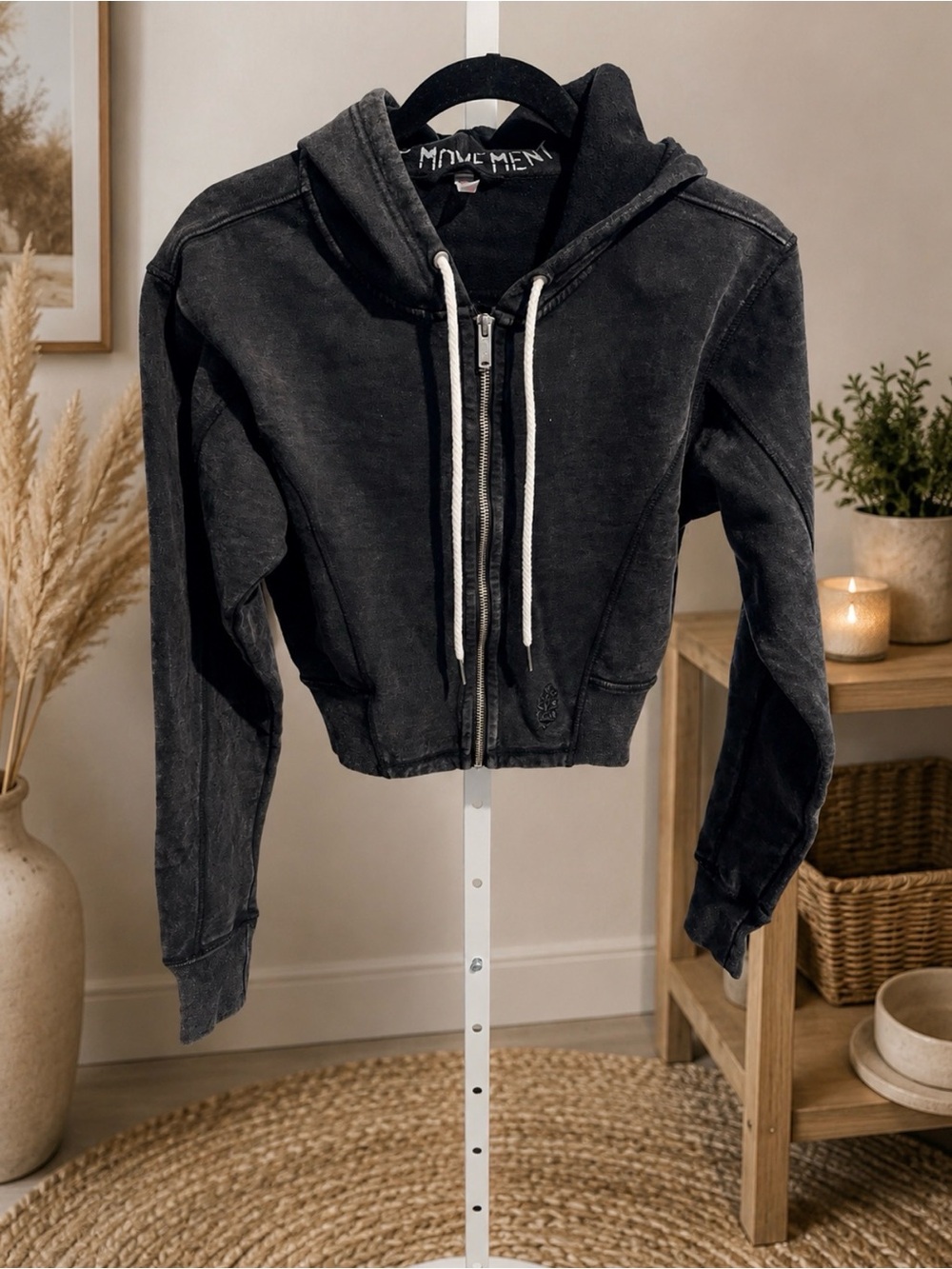 Free People Movement Black Cropped Zip Hoodie Jacket Sz XS P2P 18’ -NWT